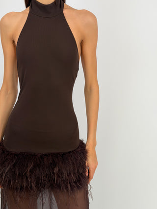 Abito Lumina Combinato con Piume Marrone