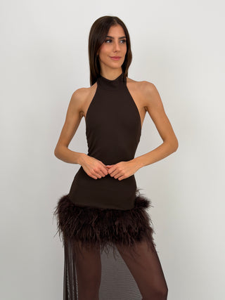 Abito Lumina Combinato con Piume Marrone