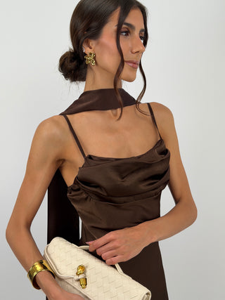 Abito Lungo Satin con Foulard Marrone
