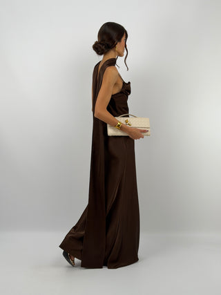 Abito Lungo Satin con Foulard Marrone
