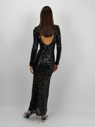 Abito Lungo Paillettes con Schiena Scoperta Nero
