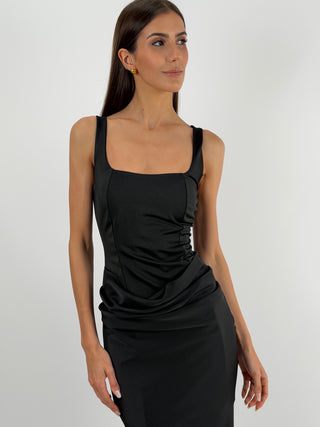Abito Lungo con Gonna Satin Nero