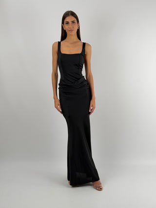 Abito Lungo con Gonna Satin Nero