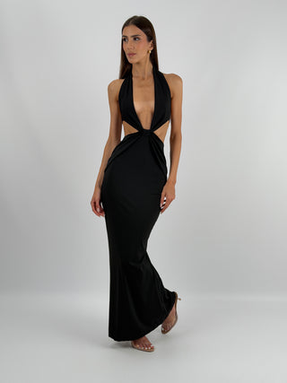 Abito Lungo con Cut Out Nero - Abito lungo nero in tessuto elasticizzato, con cut out laterale e scollo a V. | Paloma Store