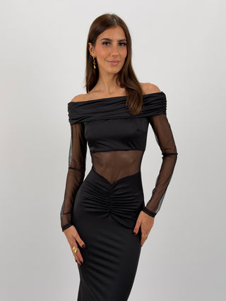 Abito Lungo con Inserti in Tulle Nero