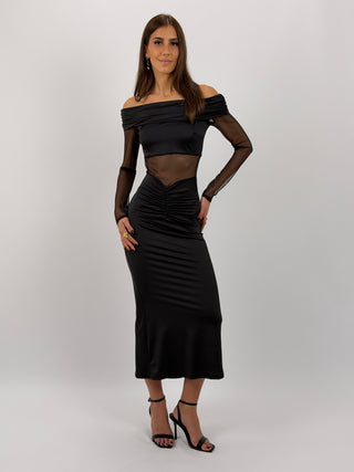 Abito Lungo con Inserti in Tulle Nero