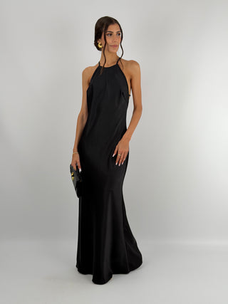 Abito Gioiello in Satin Nero - Abito lungo nero in tessuto satinato con spalline sottili e applicazione gioiello sul retro. | Paloma Store