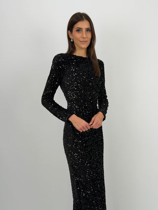 Abito Lungo con Fiocco e Paillettes Nero