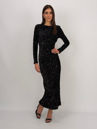 Abito Lungo con Fiocco e Paillettes Nero