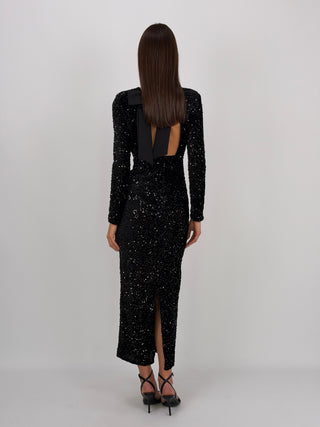 Abito Lungo con Fiocco e Paillettes Nero