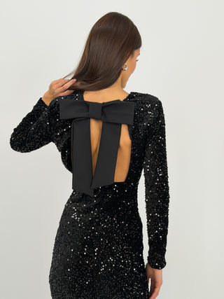 Abito Lungo con Fiocco e Paillettes Nero