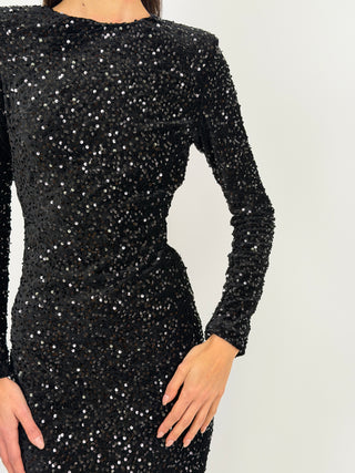 Abito Lungo con Fiocco e Paillettes Nero