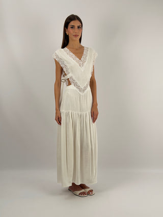 Abito con Inserti in Pizzo Panna Lumina - Abito lungo panna Lumina con scollo a V, inserti in pizzo e cut out laterale con fibbie regolabili | Paloma Store