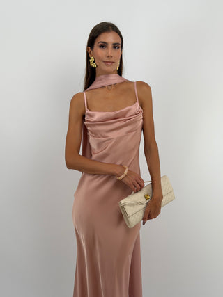 Abito Lungo Satin con Foulard Rosa Antico