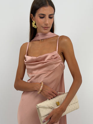 Abito Lungo Satin con Foulard Rosa Antico