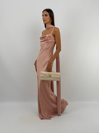 Abito Lungo Satin con Foulard Rosa Antico