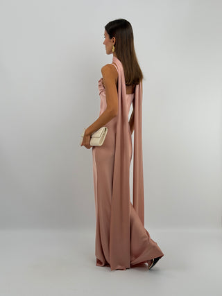 Abito Lungo Satin con Foulard Rosa Antico