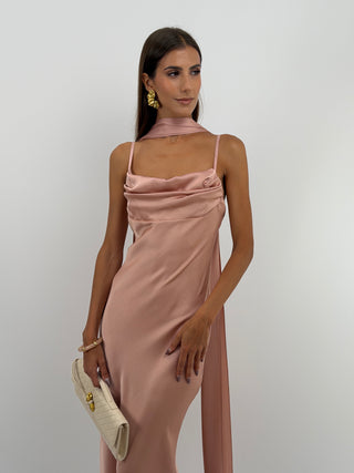 Abito Lungo Satin con Foulard Rosa Antico