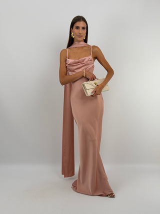 Abito Lungo Satin con Foulard Rosa Antico