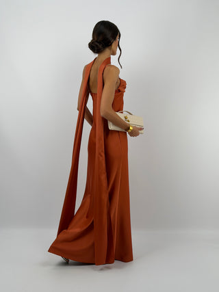 Abito Lungo Satin con Foulard Ruggine