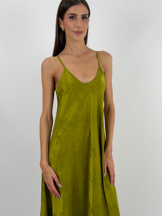 Abito Lungo Jacquard Verde Oliva - Abito lungo svasato verde oliva con fantasia jacquard tono su tono e spalline sottili | Paloma Store