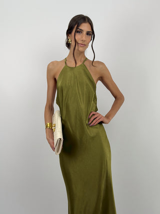 Abito Gioiello in Satin Verde Olio