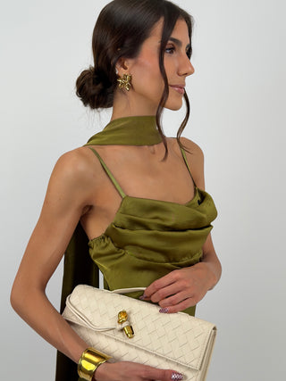 Abito Lungo Satin con Foulard Verde Olio