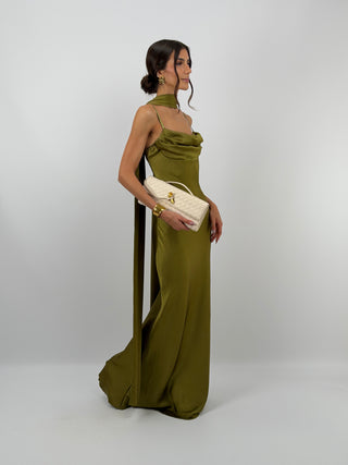 Abito Lungo Satin con Foulard Verde Olio