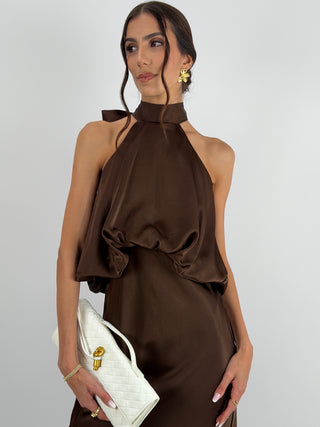 Abito Satin con Top a Balza Marrone