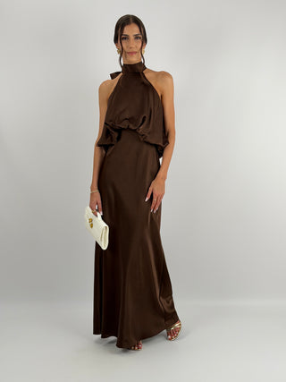 Abito Satin con Top a Balza Marrone