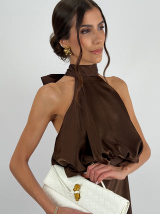Abito Satin con Top a Balza Marrone