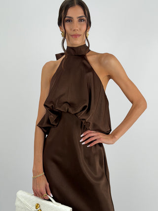 Abito Satin con Top a Balza Marrone