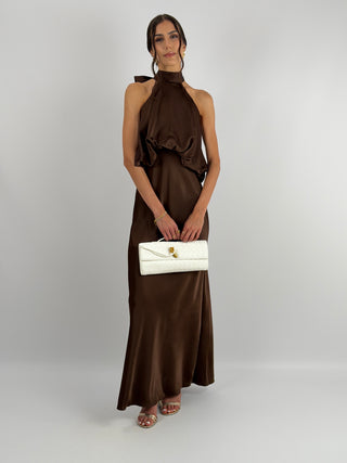 Abito Satin con Top a Balza Marrone