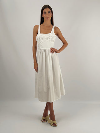 Abito Midi in Cotone Bianco - Abito midi bianco in cotone, con corpetto arricciato, gonna ampia e chiusura con zip sul retro. | Paloma Store