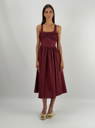 Abito Midi in Cotone Burgundy - Abito midi burgundy in cotone, con corpetto arricciato, gonna ampia e chiusura con zip sul retro. | Paloma Store
