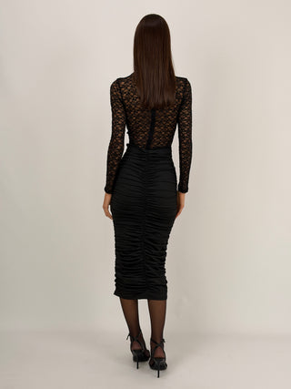 Abito Midi con Arricciature e Pizzo Nero