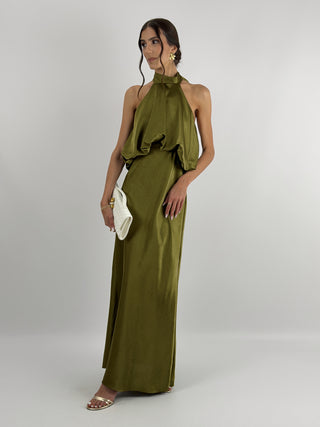 Abito Satin con Top a Balza Verde Olio