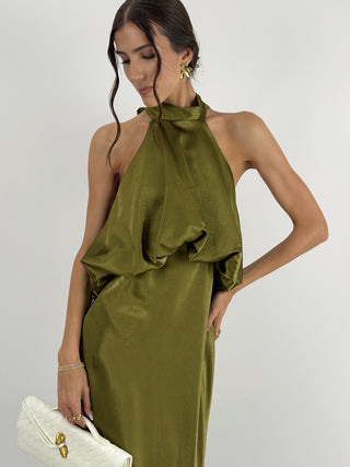 Abito Satin con Top a Balza Verde Olio