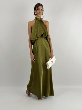 Abito Satin con Top a Balza Verde Olio