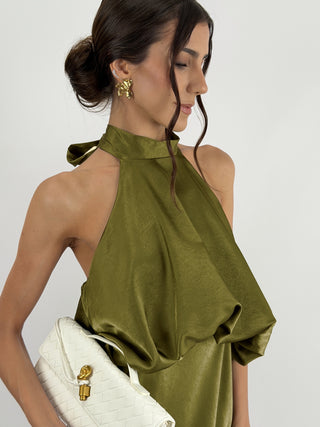 Abito Satin con Top a Balza Verde Olio