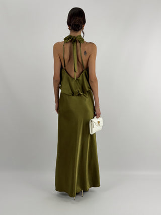 Abito Satin con Top a Balza Verde Olio