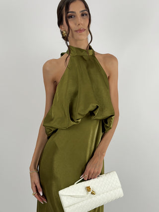 Abito Satin con Top a Balza Verde Olio