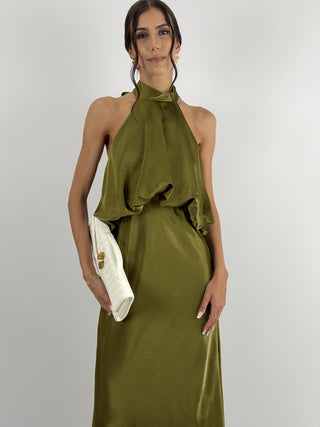 Abito Satin con Top a Balza Verde Olio