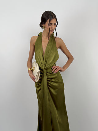 Abito Lungo Scollo a V con Drappeggio Verde Olio