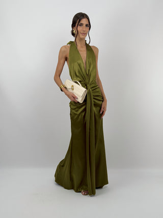 Abito Lungo Scollo a V con Drappeggio Verde Olio