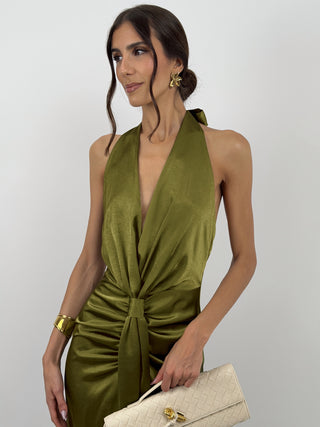 Abito Lungo Scollo a V con Drappeggio Verde Olio