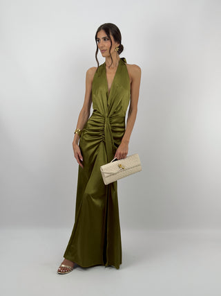 Abito Lungo Scollo a V con Drappeggio Verde Olio
