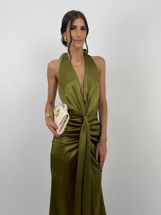 Abito Lungo Scollo a V con Drappeggio Verde Olio