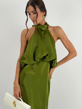 Abito Satin con Top a Balza Verde Oliva