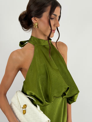 Abito Satin con Top a Balza Verde Oliva
